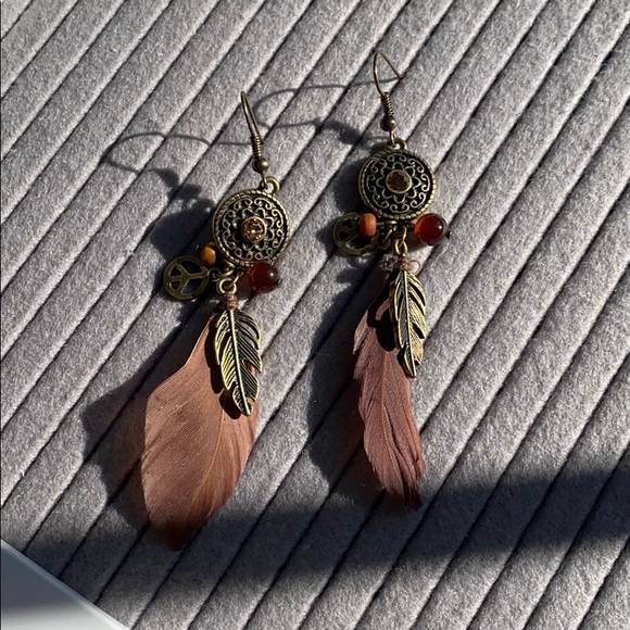 Boho earring brown feather accessories - Picture 1 of 2